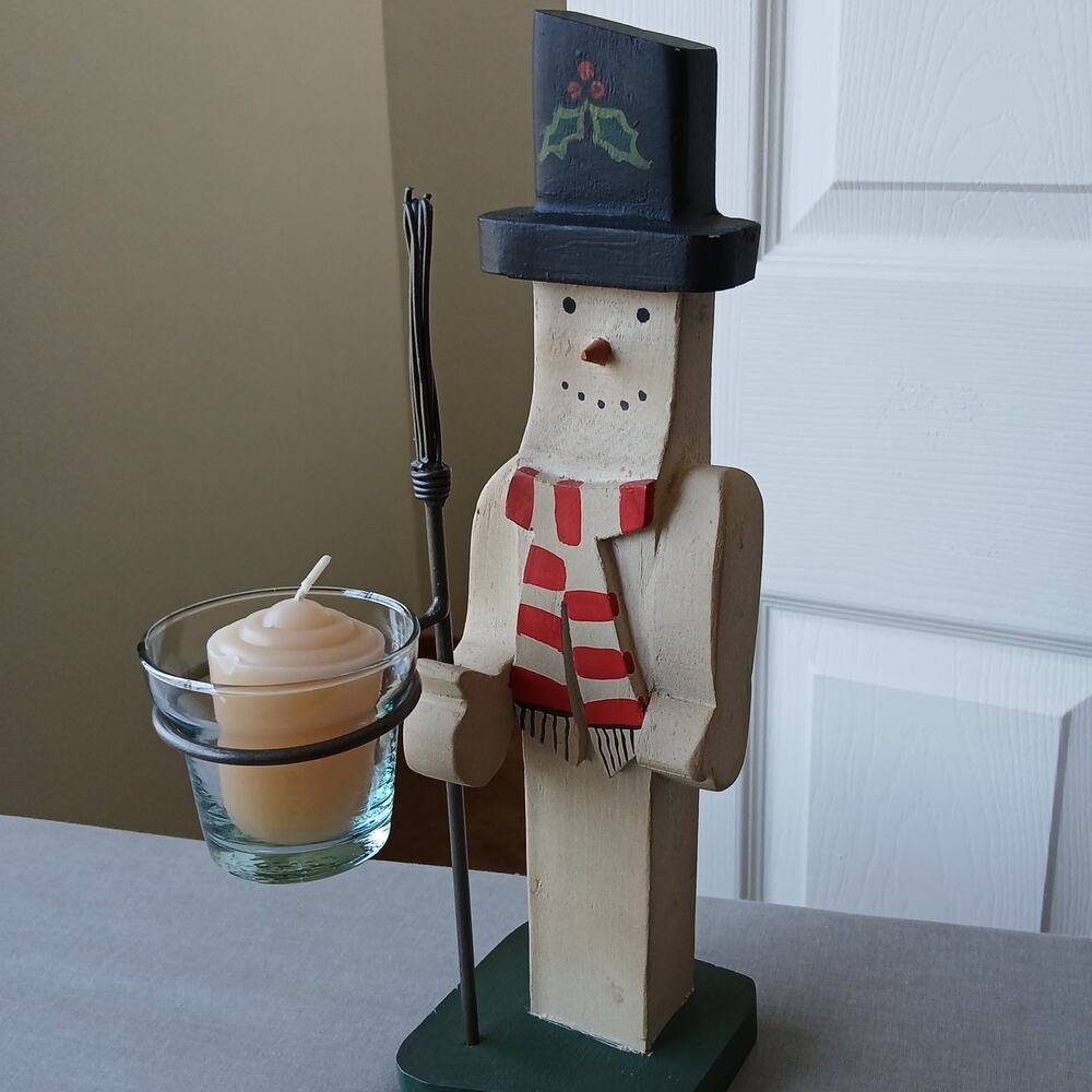 Handmade Vintage Wooden Snowman candle holder 13" tall made in Mexico votive - Picture 1 of 16